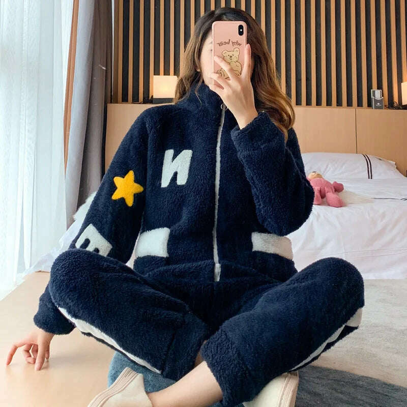 Novelty Pajamas Winter Hooded Thick Flannel Pajamas Set Fat Laides Velvet Nightwear Sweatshirt Warm Kawaii Home Clothes