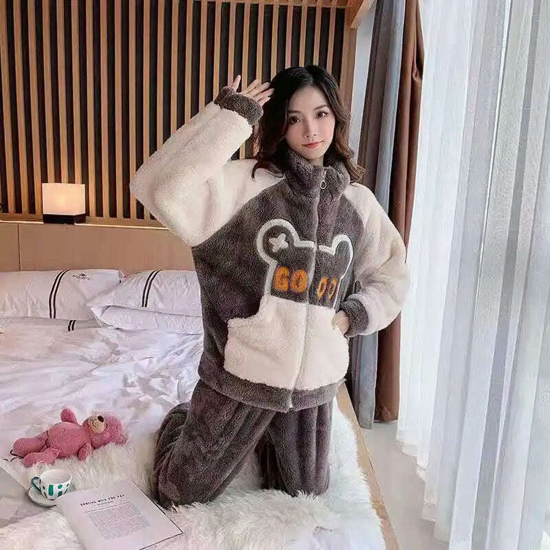 Novelty Pajamas Winter Hooded Thick Flannel Pajamas Set Fat Laides Velvet Nightwear Sweatshirt Warm Kawaii Home Clothes