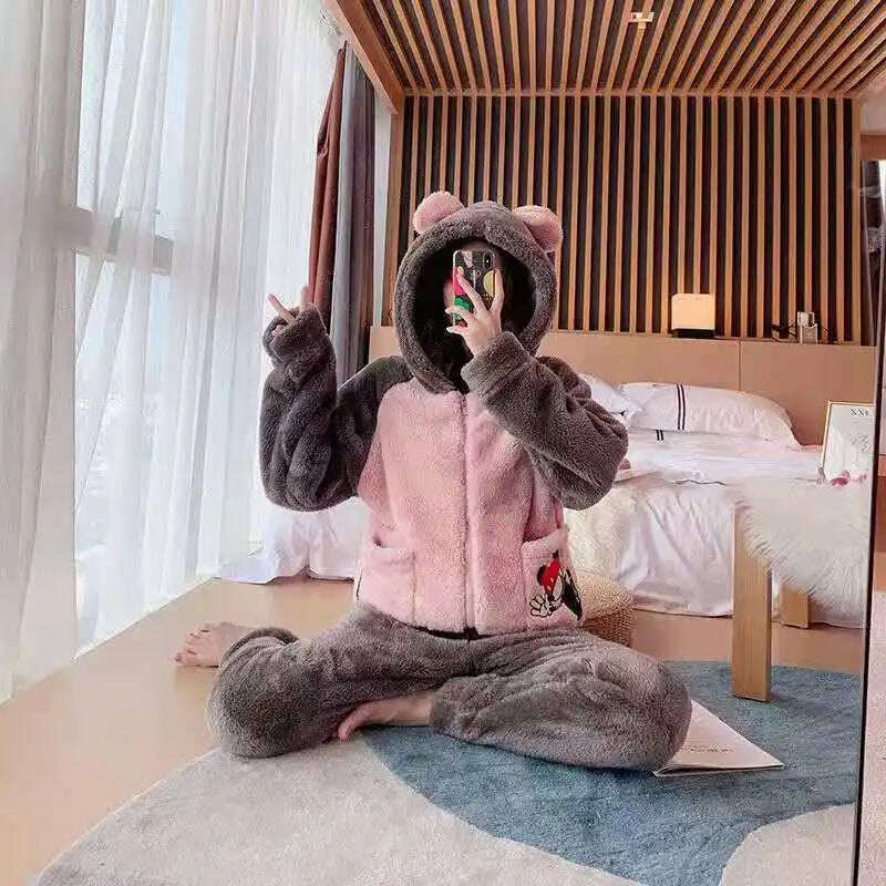 Novelty Pajamas Winter Hooded Thick Flannel Pajamas Set Fat Laides Velvet Nightwear Sweatshirt Warm Kawaii Home Clothes