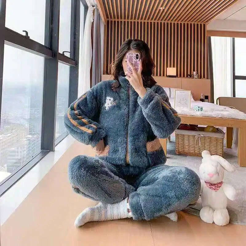 Novelty Pajamas Winter Hooded Thick Flannel Pajamas Set Fat Laides Velvet Nightwear Sweatshirt Warm Kawaii Home Clothes