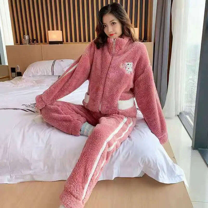 Novelty Pajamas Winter Hooded Thick Flannel Pajamas Set Fat Laides Velvet Nightwear Sweatshirt Warm Kawaii Home Clothes