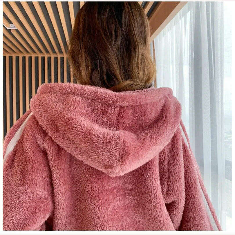 Novelty Pajamas Winter Hooded Thick Flannel Pajamas Set Fat Laides Velvet Nightwear Sweatshirt Warm Kawaii Home Clothes