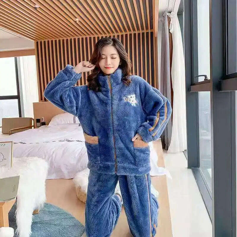 Novelty Pajamas Winter Hooded Thick Flannel Pajamas Set Fat Laides Velvet Nightwear Sweatshirt Warm Kawaii Home Clothes