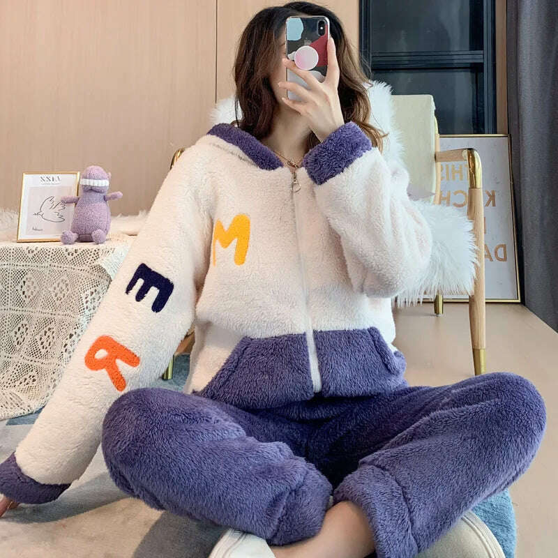 Novelty Pajamas Winter Hooded Thick Flannel Pajamas Set Fat Laides Velvet Nightwear Sweatshirt Warm Kawaii Home Clothes