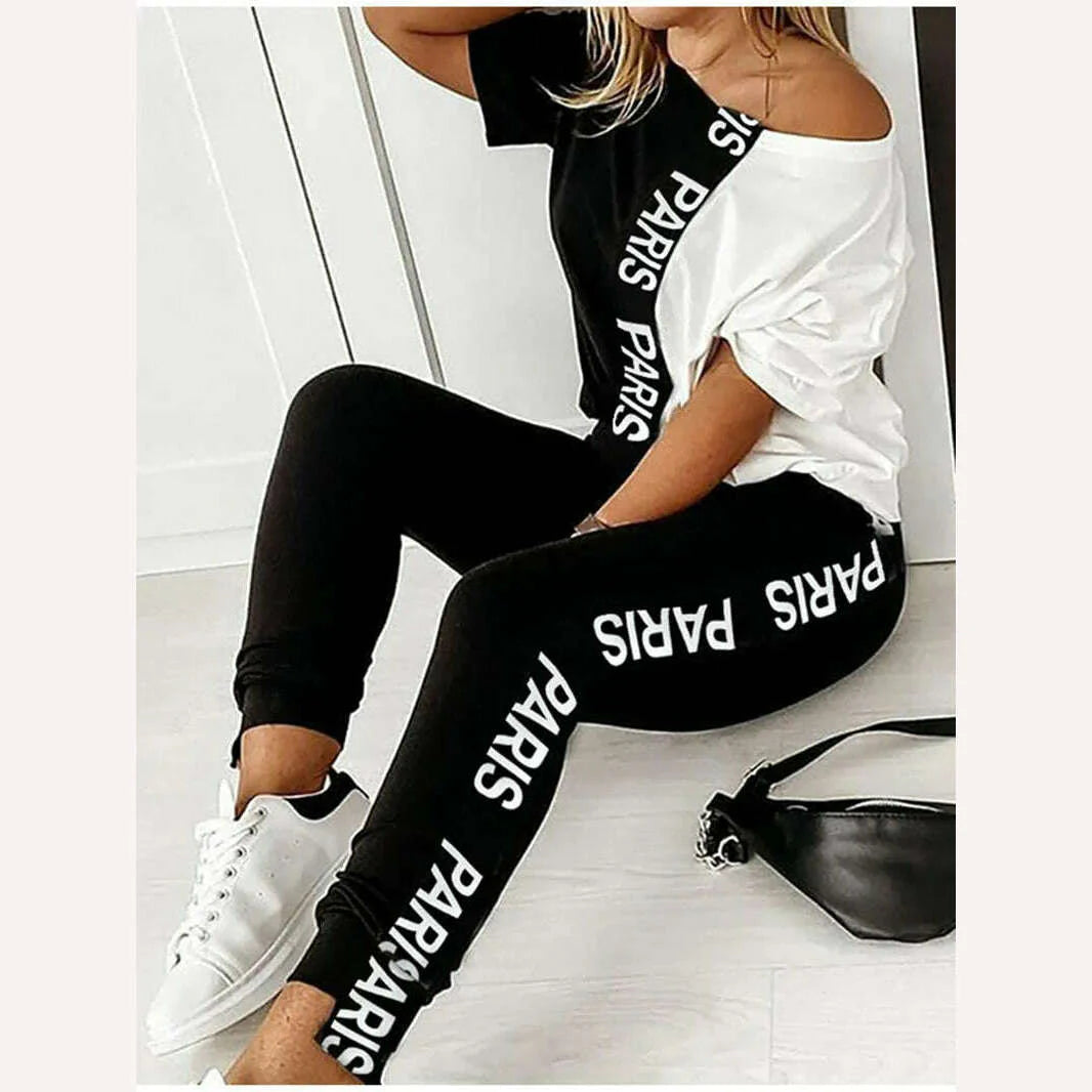 Off Shoulder Tracksuit Women Two Piece Set Summer Clothes Letter Print Colorblock Tshirt Top Long Pants Suit Women Set Outfits