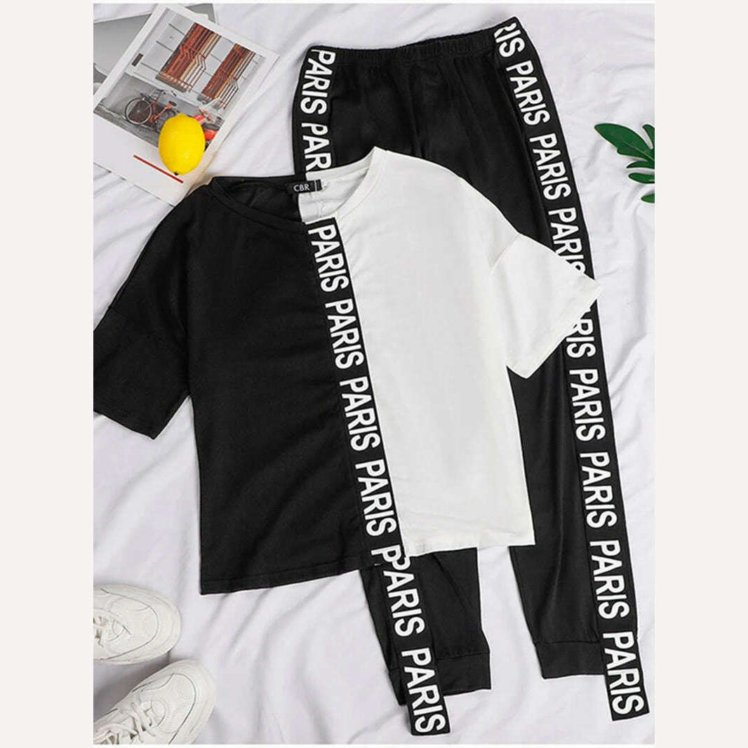 Off Shoulder Tracksuit Women Two Piece Set Summer Clothes Letter Print Colorblock Tshirt Top Long Pants Suit Women Set Outfits