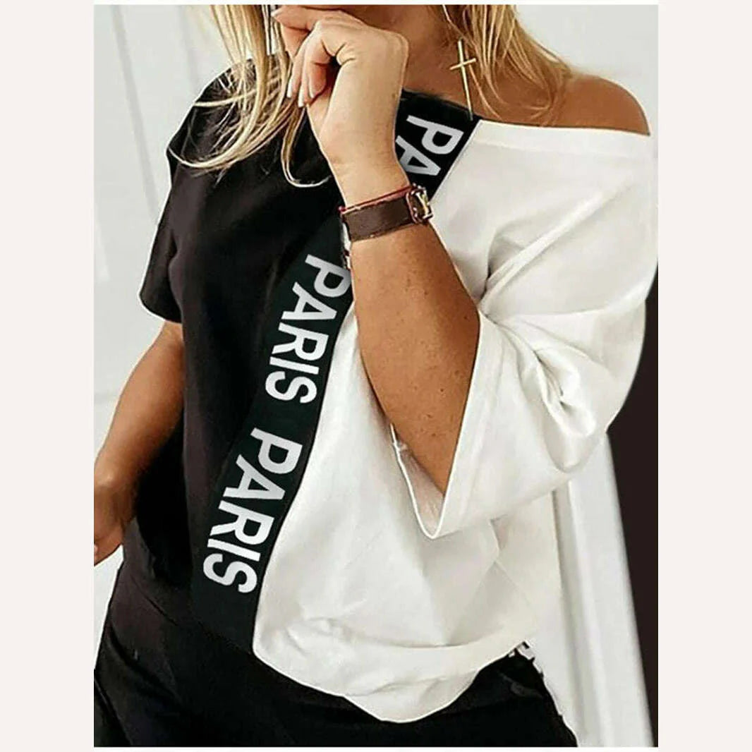 Off Shoulder Tracksuit Women Two Piece Set Summer Clothes Letter Print Colorblock Tshirt Top Long Pants Suit Women Set Outfits