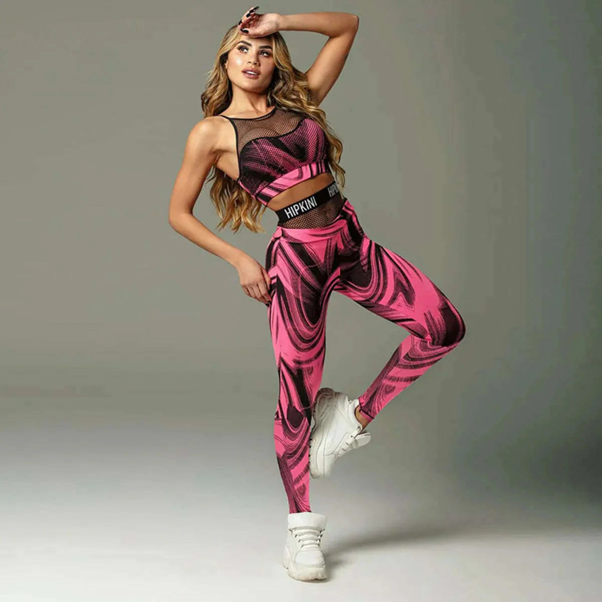 Oshoplive Female Sportswear Two Pieces Set Sports Red Printed Patchwork Mesh Tanks&amp;Leggings Gym Yoga Suits for Women 2022 New