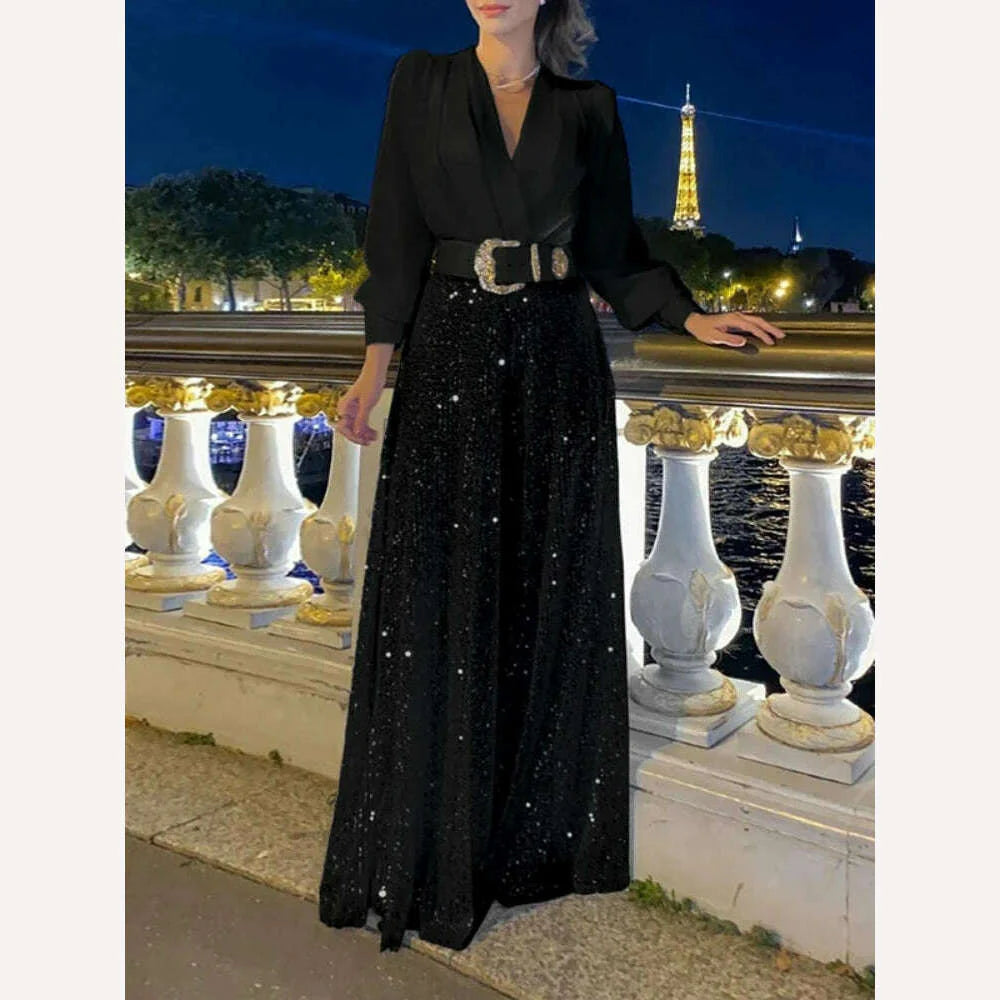 Overalls for Women Shirt Long Sleeve Original High Quality Belt Included Fashion Elegant Sequins Evening Party Jumpsuit Rompers