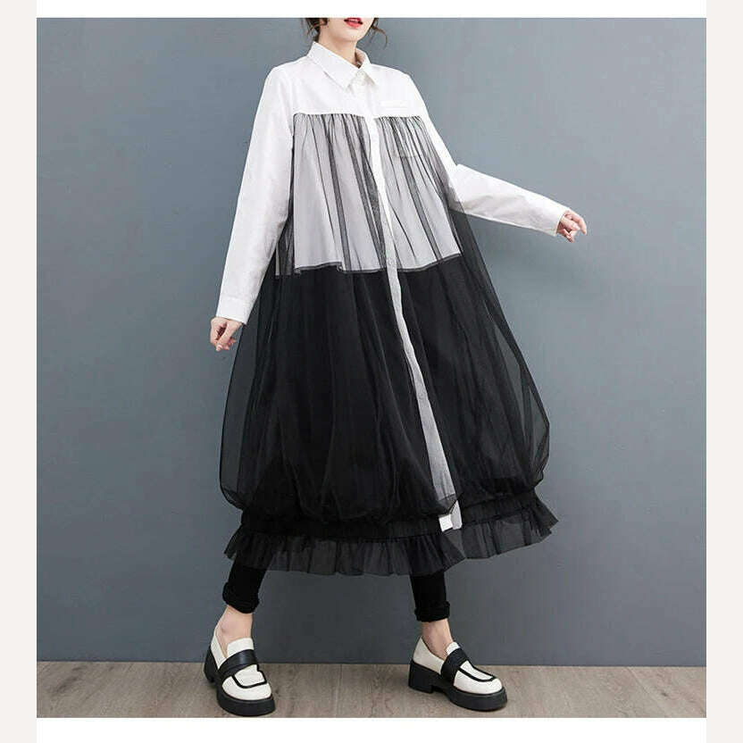 Oversized Autumn Shirt Long Dress Women Mesh Patchwork Long Sleeve Ladies Dresses Fashion Casual Loose Dress Woman 2023