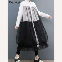 Oversized Autumn Shirt Long Dress Women Mesh Patchwork Long Sleeve Ladies Dresses Fashion Casual Loose Dress Woman 2023