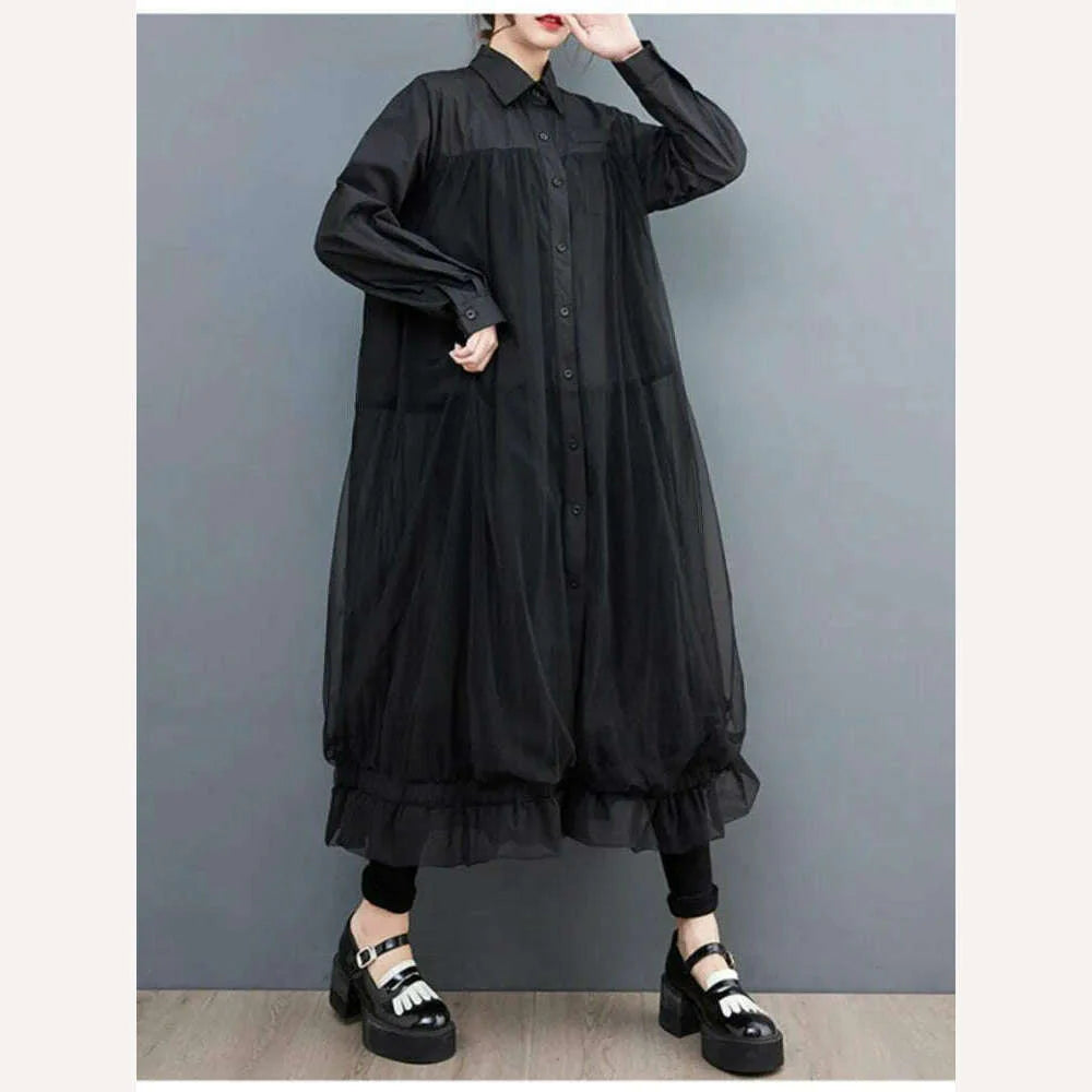 Oversized Autumn Shirt Long Dress Women Mesh Patchwork Long Sleeve Ladies Dresses Fashion Casual Loose Dress Woman 2023