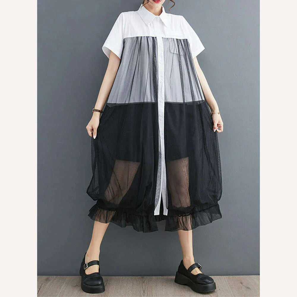 Oversized Autumn Shirt Long Dress Women Mesh Patchwork Long Sleeve Ladies Dresses Fashion Casual Loose Dress Woman 2023