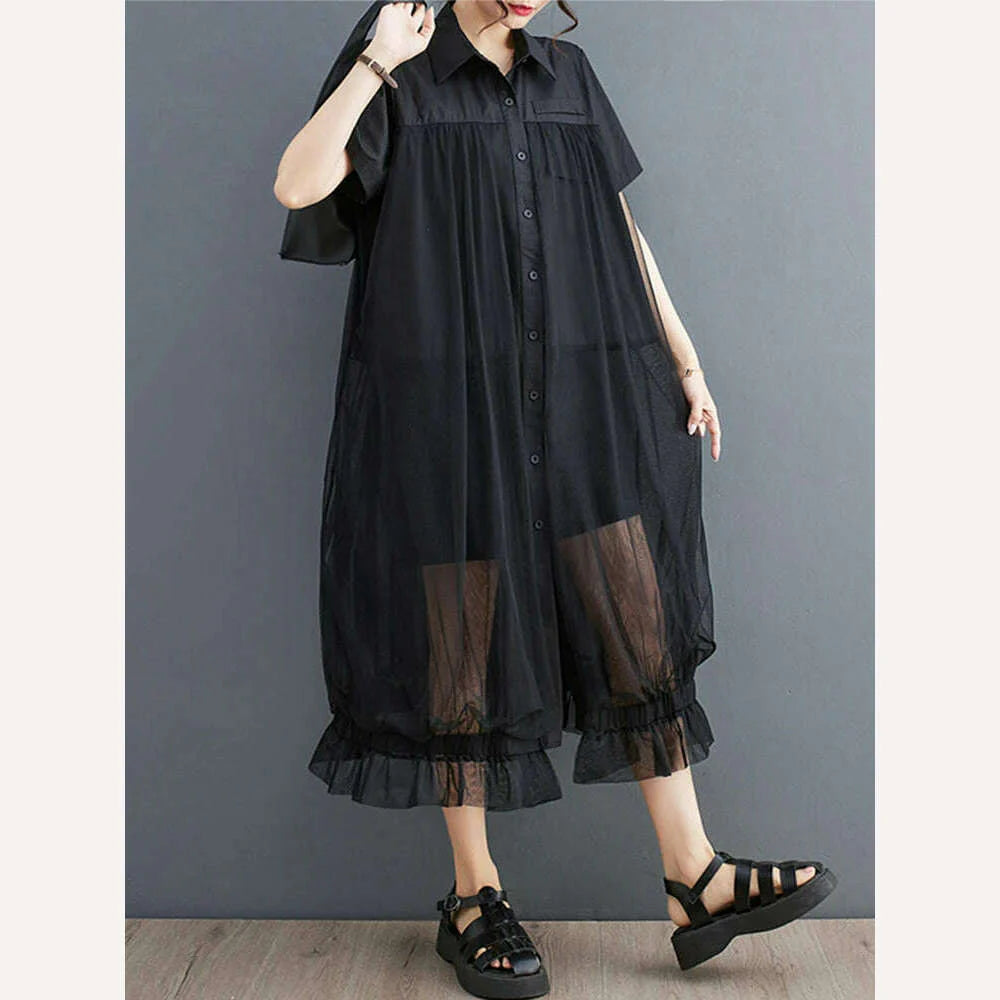 Oversized Autumn Shirt Long Dress Women Mesh Patchwork Long Sleeve Ladies Dresses Fashion Casual Loose Dress Woman 2023