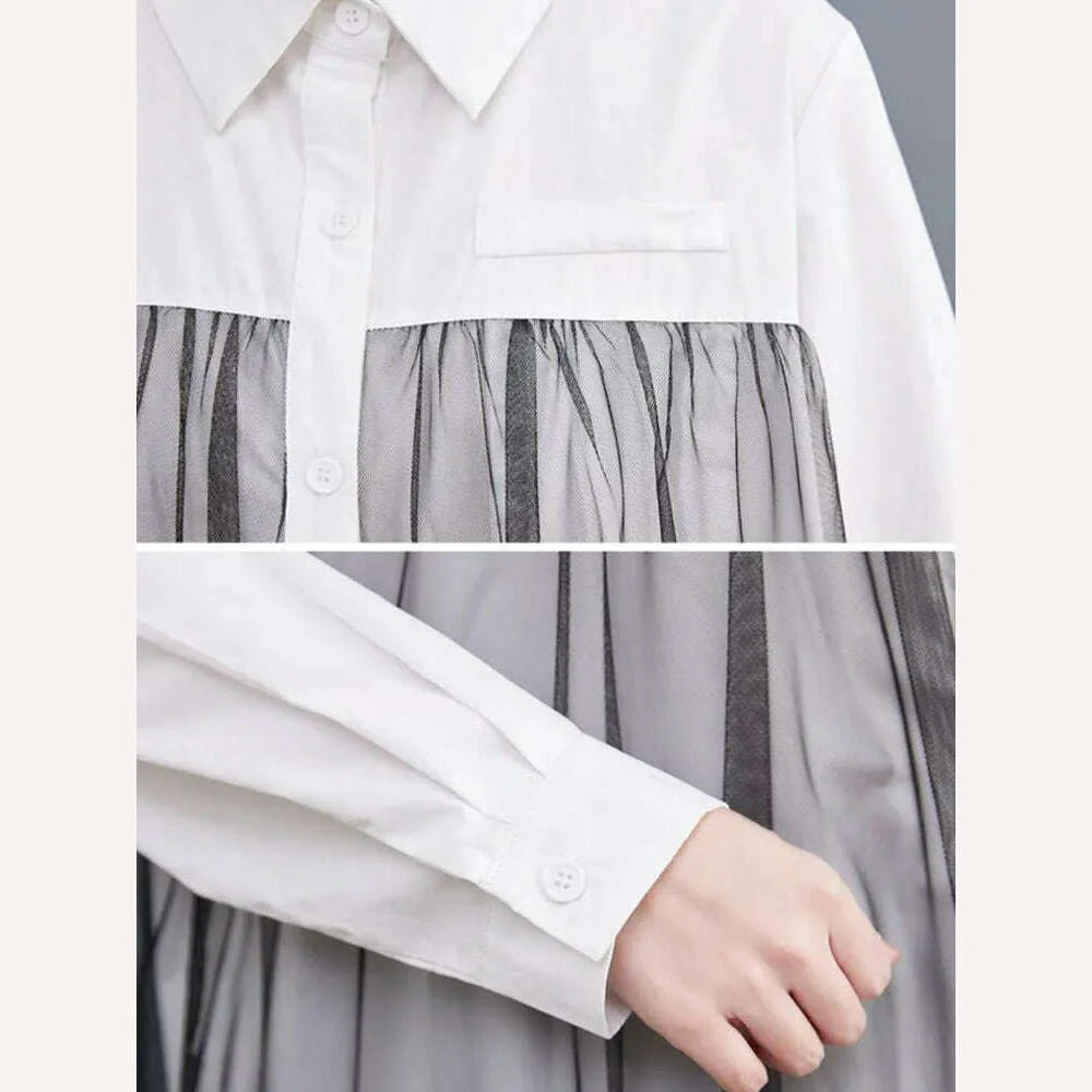 Oversized Autumn Shirt Long Dress Women Mesh Patchwork Long Sleeve Ladies Dresses Fashion Casual Loose Dress Woman 2023