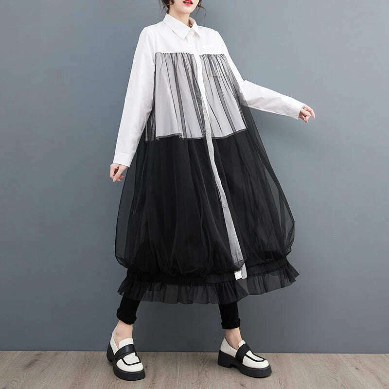 Oversized Autumn Shirt Long Dress Women Mesh Patchwork Long Sleeve Ladies Dresses Fashion Casual Loose Dress Woman 2023