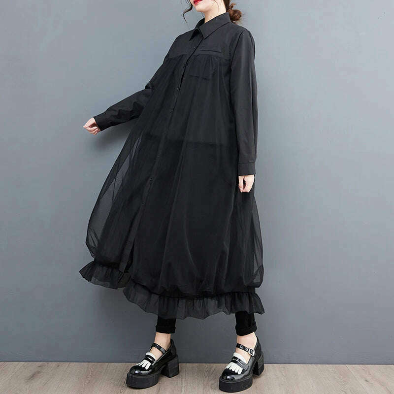 Oversized Autumn Shirt Long Dress Women Mesh Patchwork Long Sleeve Ladies Dresses Fashion Casual Loose Dress Woman 2023