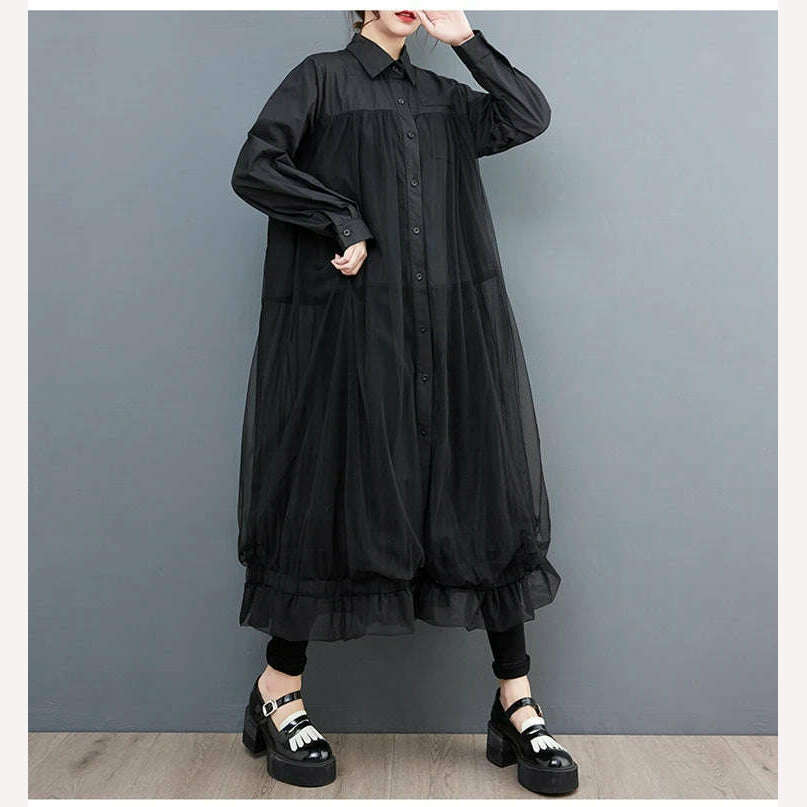 Oversized Autumn Shirt Long Dress Women Mesh Patchwork Long Sleeve Ladies Dresses Fashion Casual Loose Dress Woman 2023