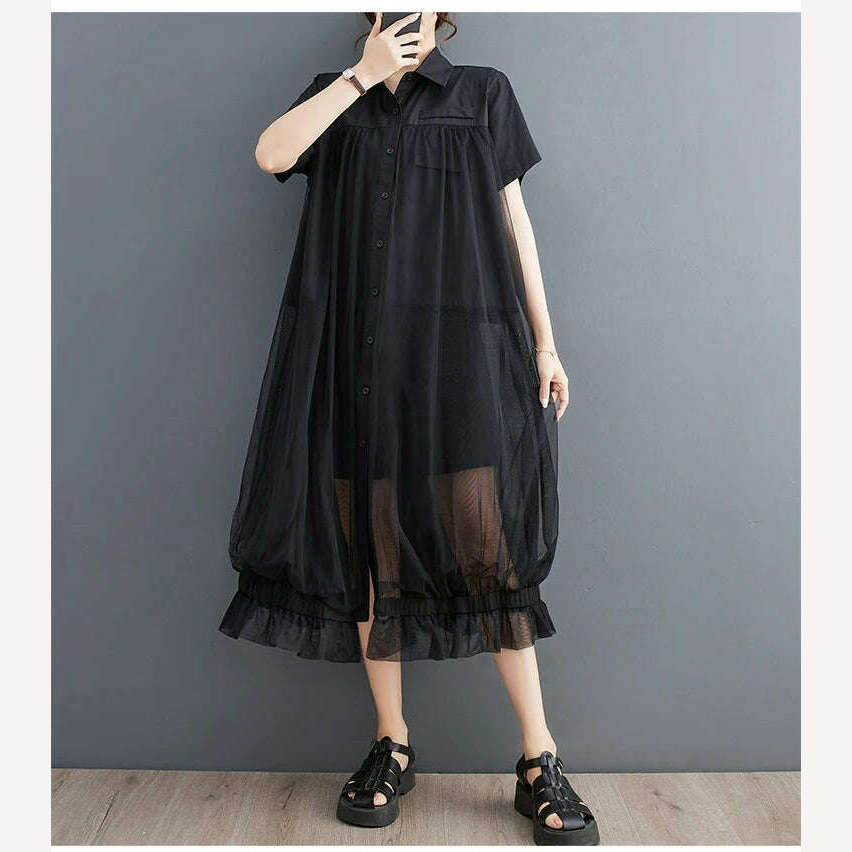 Oversized Autumn Shirt Long Dress Women Mesh Patchwork Long Sleeve Ladies Dresses Fashion Casual Loose Dress Woman 2023