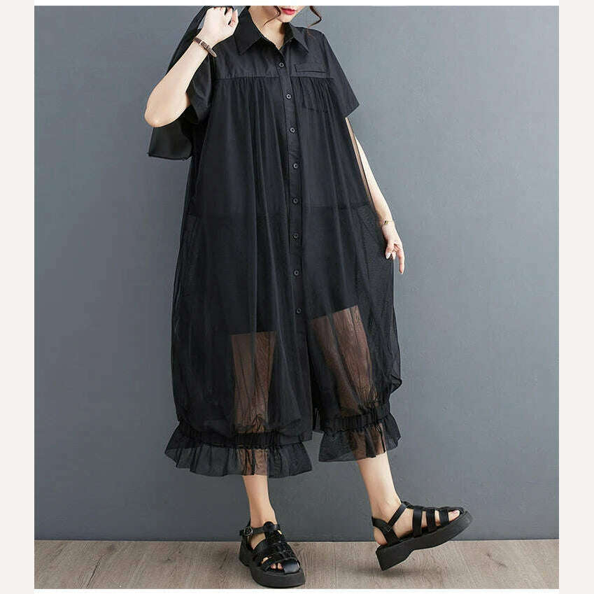 Oversized Autumn Shirt Long Dress Women Mesh Patchwork Long Sleeve Ladies Dresses Fashion Casual Loose Dress Woman 2023