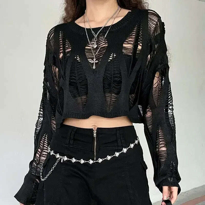 Perforated Hollow Out Knitted Blouse Sunscreen Long Sleeve Top Gothic Dark Black Sexy Thin Sweater Women's Summer Chic Crop Tops