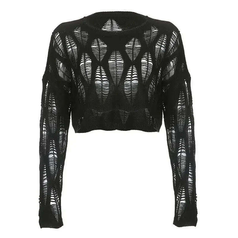 Perforated Hollow Out Knitted Blouse Sunscreen Long Sleeve Top Gothic Dark Black Sexy Thin Sweater Women's Summer Chic Crop Tops