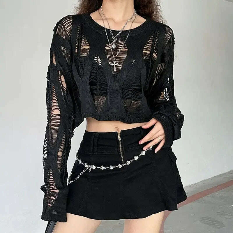 Perforated Hollow Out Knitted Blouse Sunscreen Long Sleeve Top Gothic Dark Black Sexy Thin Sweater Women's Summer Chic Crop Tops