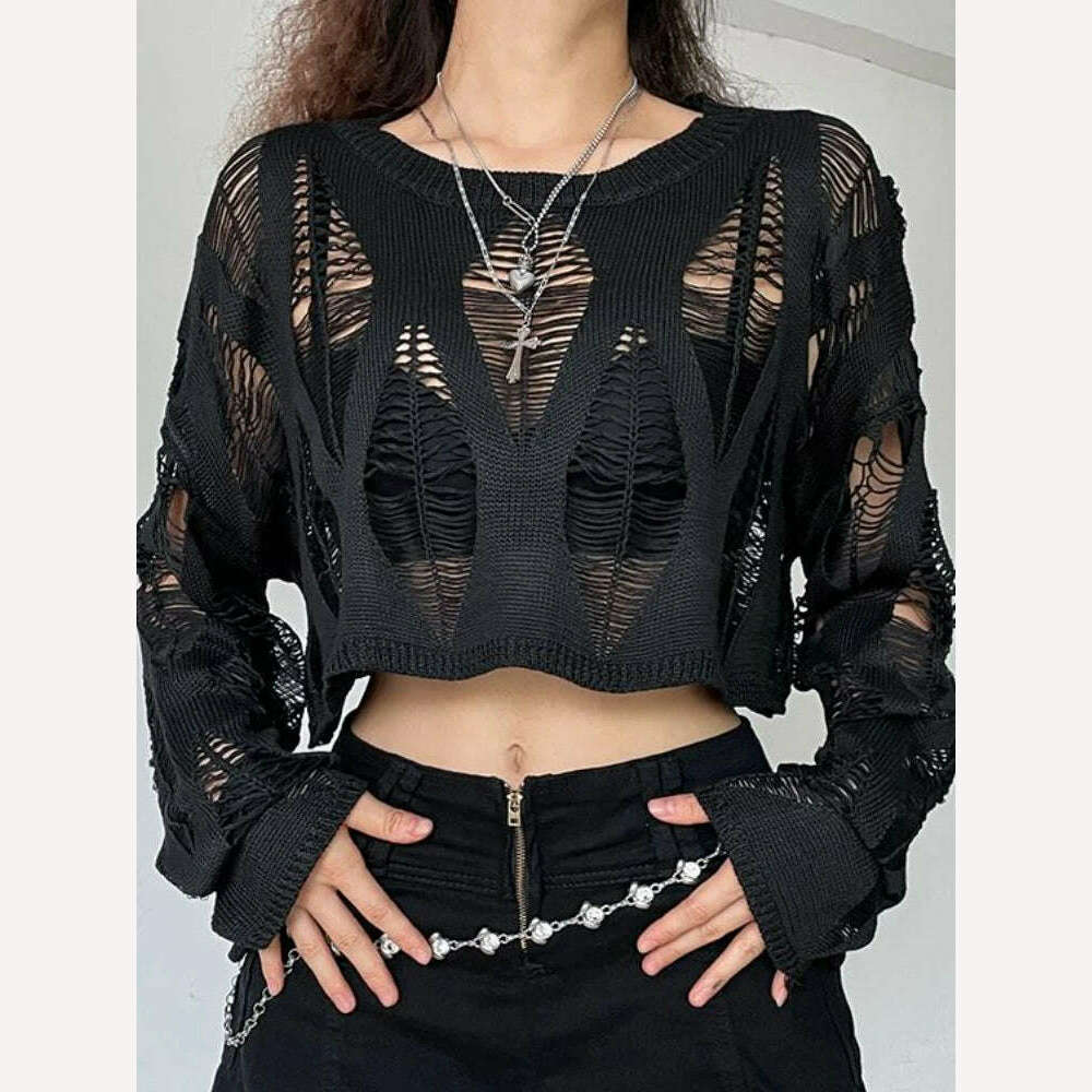 Perforated Hollow Out Knitted Blouse Sunscreen Long Sleeve Top Gothic Dark Black Sexy Thin Sweater Women's Summer Chic Crop Tops