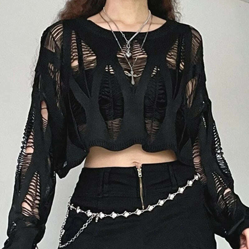 Perforated Hollow Out Knitted Blouse Sunscreen Long Sleeve Top Gothic Dark Black Sexy Thin Sweater Women's Summer Chic Crop Tops