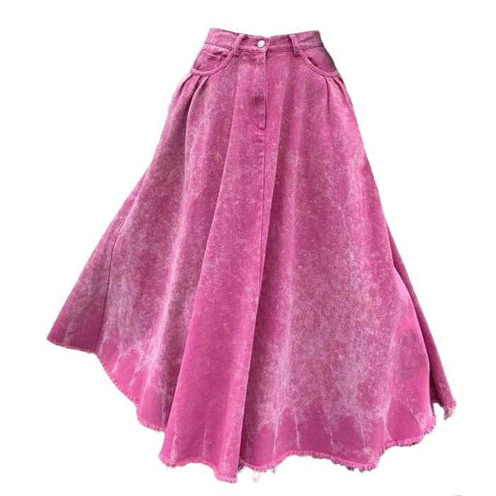 Pink Distressed Denim Maxi Skirt