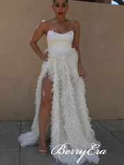 White Sweetheart Long A-line Satin Tulle Prom Dresses, Chic Prom Dresses, Newest Prom Dresses