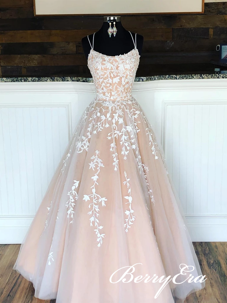 Lovely Lace Tulle Long Prom Dresses, Newest Prom Dresses, Popular Long Prom Dresses