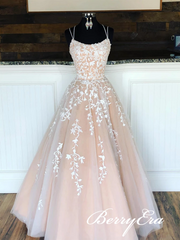 Lovely Lace Tulle Long Prom Dresses, Newest Prom Dresses, Popular Long Prom Dresses