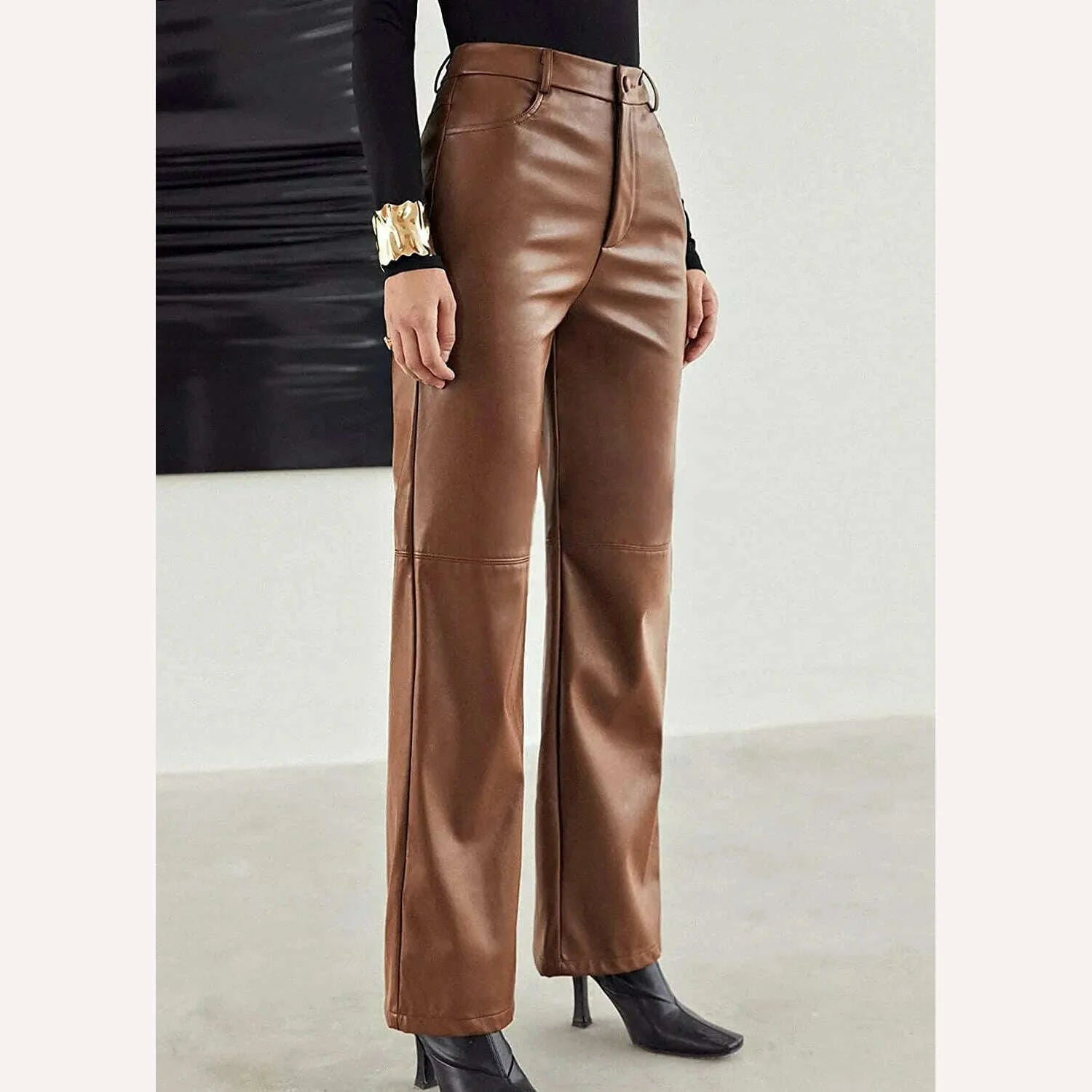 PU Leather Pants High Waist Pockets Women&#39;s Green Black Wide Leg Pants 2021 Autumn Winter Fashion New TrousersBlusas Loose Shirt