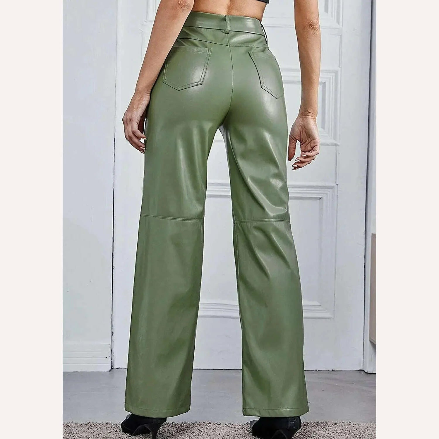 PU Leather Pants High Waist Pockets Women&#39;s Green Black Wide Leg Pants 2021 Autumn Winter Fashion New TrousersBlusas Loose Shirt