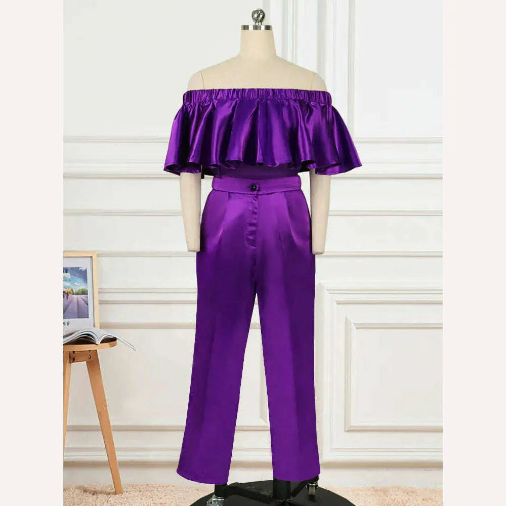 Purple Two Piece Set Women Off Shoulder Crop Tops with High Waist Pants for Ladeis Office Work Daily Evening Party Pants Sets