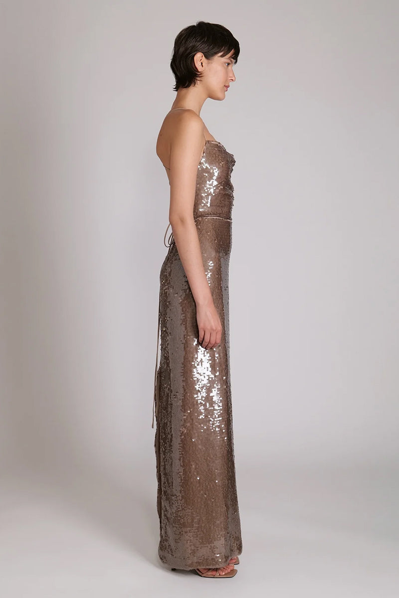 Regal Elegance Sequin Lace-Up Maxi Dress