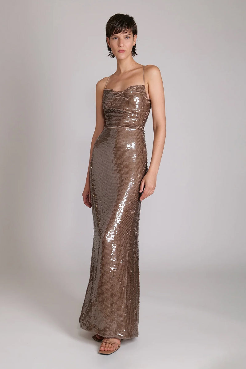 Regal Elegance Sequin Lace-Up Maxi Dress