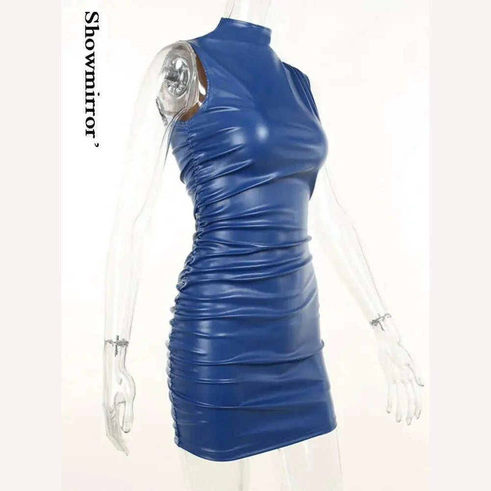 Showmirror Blue PU Leather Ruched Mini Dress For Women Sexy Bodycon Tank Dresses Party Club Harajuku Clothes Streetwear Y2k