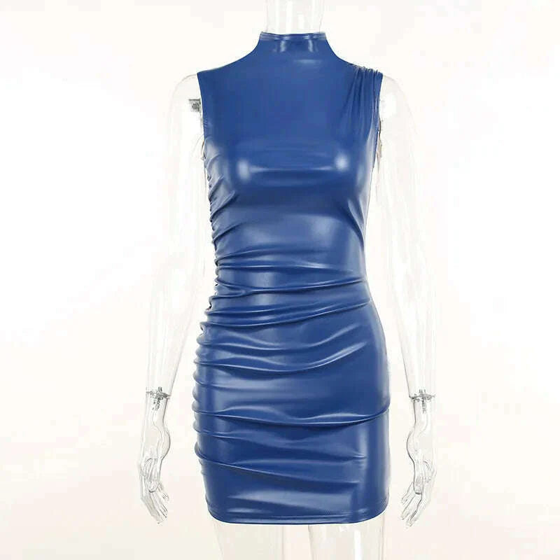 Showmirror Blue PU Leather Ruched Mini Dress For Women Sexy Bodycon Tank Dresses Party Club Harajuku Clothes Streetwear Y2k