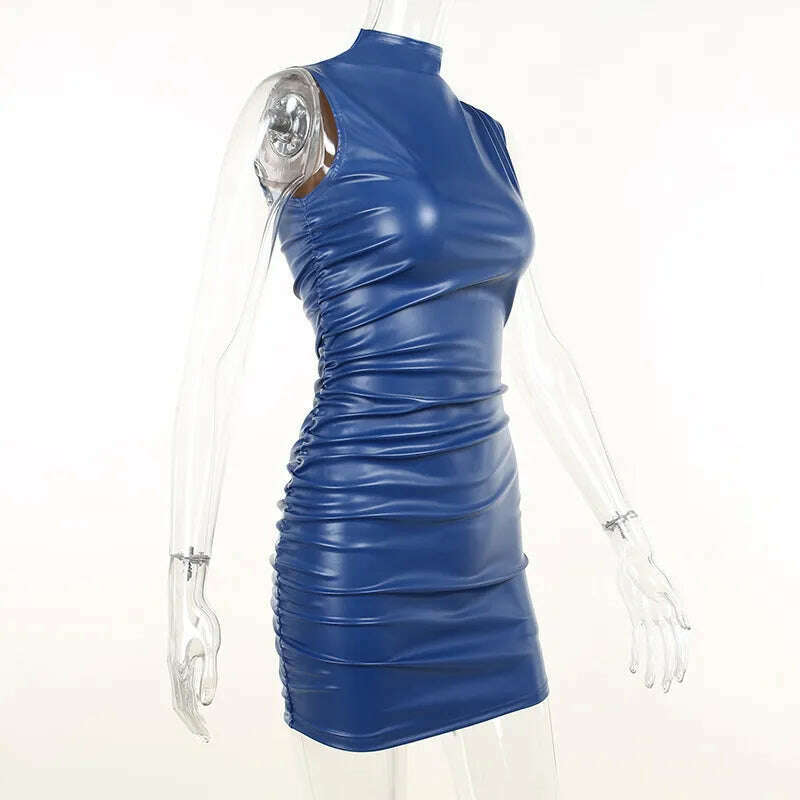 Showmirror Blue PU Leather Ruched Mini Dress For Women Sexy Bodycon Tank Dresses Party Club Harajuku Clothes Streetwear Y2k