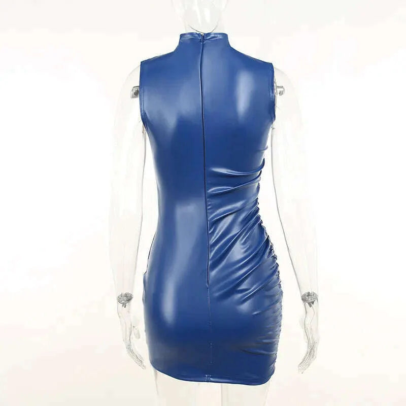 Showmirror Blue PU Leather Ruched Mini Dress For Women Sexy Bodycon Tank Dresses Party Club Harajuku Clothes Streetwear Y2k