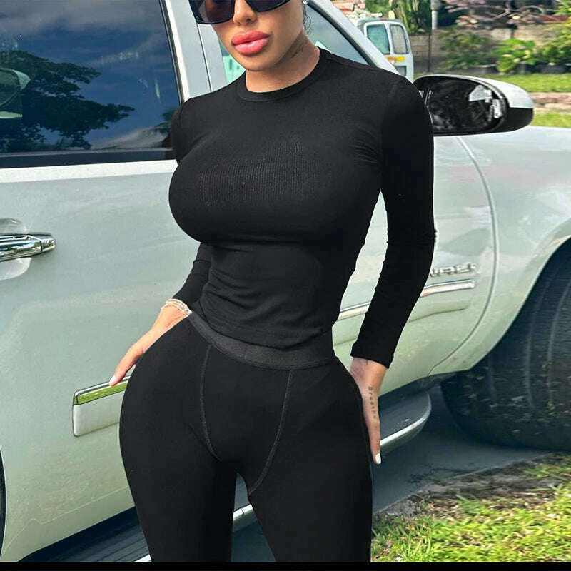 Sisterlinda Casual Fitness Tracksuit Two Piece Sets Women Long Sleeve Skinny Crop Tops+High Waist Pants Sporty Matching Outfits