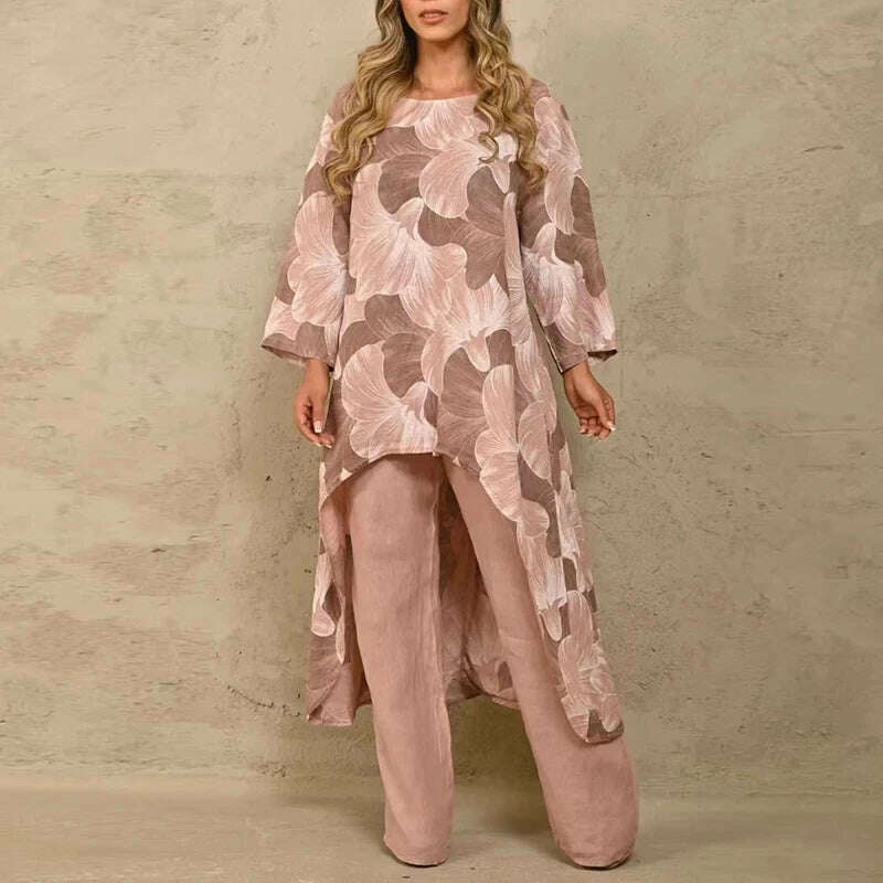 Solid Loose Suits Casual Women Autumn 2 Piece Sets Fashion Long Sleeve O Neck Irregular Long Tops + Straight Pants Ladies Suit