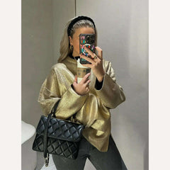 Solid O Neck Pullover Top For Women Elegant Loose Long Sleeve Gold Sweatshirt 2023 Autumn Female Fashion Casual Shinny Outerwear