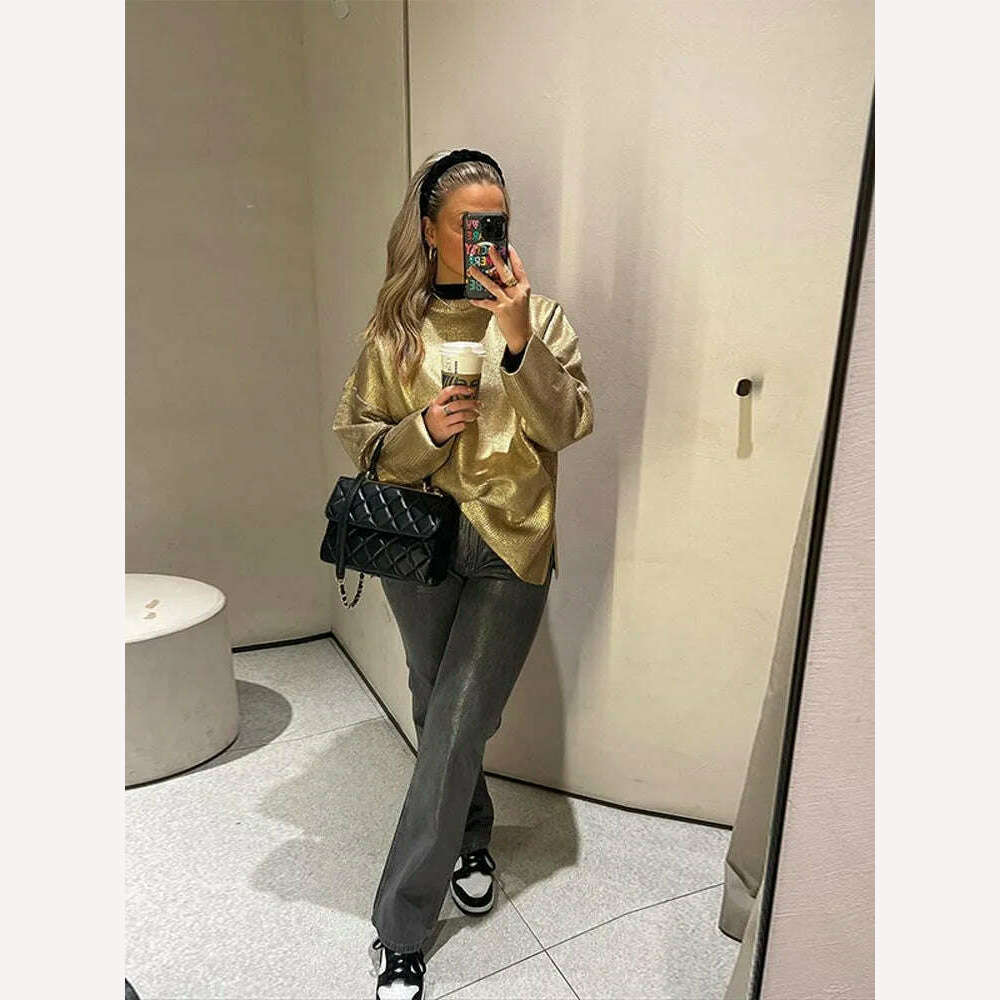 Solid O Neck Pullover Top For Women Elegant Loose Long Sleeve Gold Sweatshirt 2023 Autumn Female Fashion Casual Shinny Outerwear