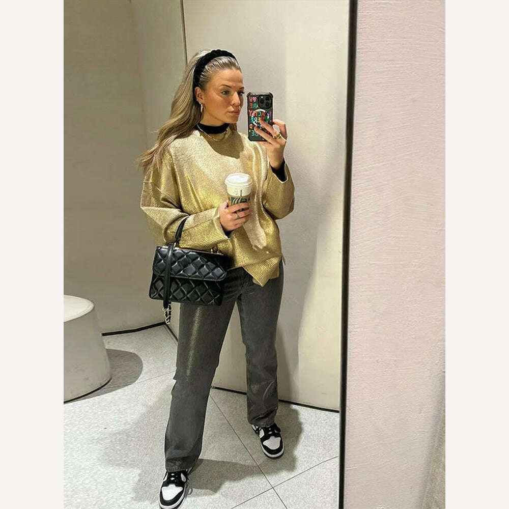 Solid O Neck Pullover Top For Women Elegant Loose Long Sleeve Gold Sweatshirt 2023 Autumn Female Fashion Casual Shinny Outerwear