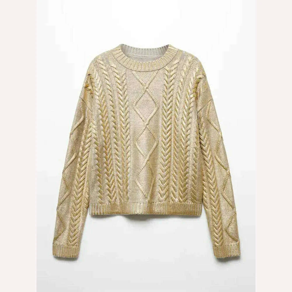 Solid O Neck Pullover Top For Women Elegant Loose Long Sleeve Gold Sweatshirt 2023 Autumn Female Fashion Casual Shinny Outerwear