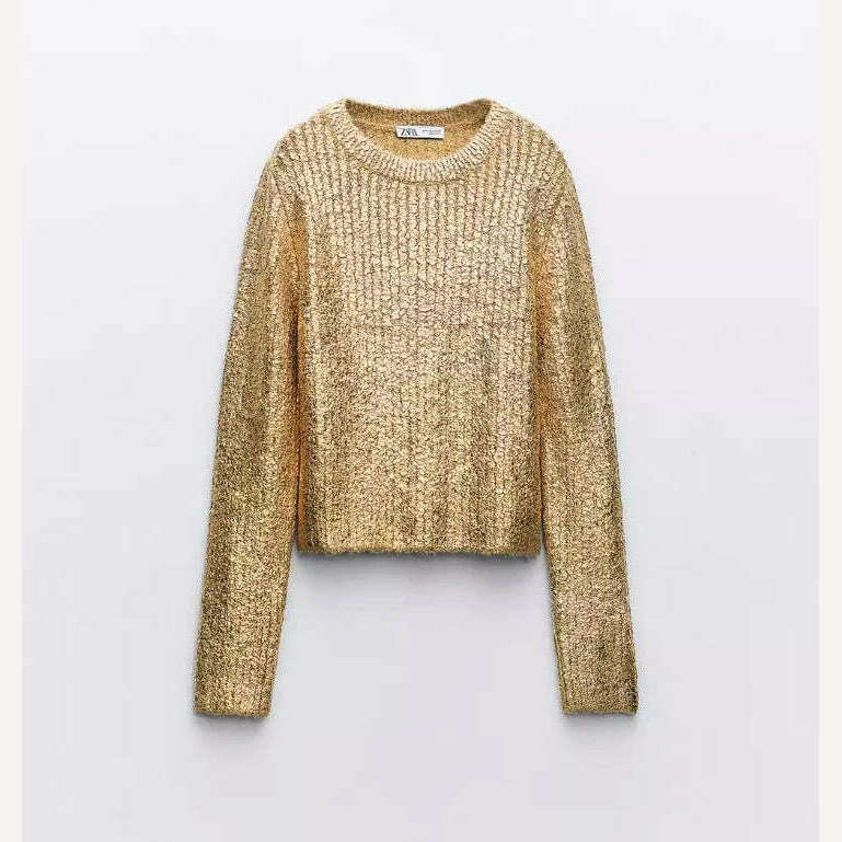 Solid O Neck Pullover Top For Women Elegant Loose Long Sleeve Gold Sweatshirt 2023 Autumn Female Fashion Casual Shinny Outerwear