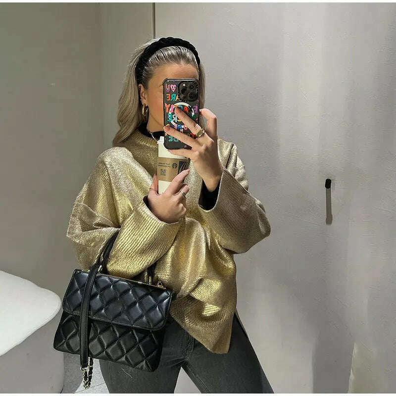 Solid O Neck Pullover Top For Women Elegant Loose Long Sleeve Gold Sweatshirt 2023 Autumn Female Fashion Casual Shinny Outerwear